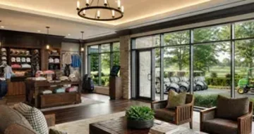 Eleganter Clubhaus-Pro-Shop mit Golfcarts und Platzpflegemaschine im Hintergrund