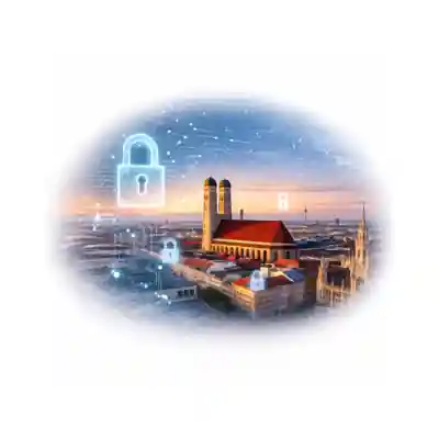 Illustration zur Cyberversicherung München mit Münchner Skyline und Sicherheitsmotiv - KI-generiert